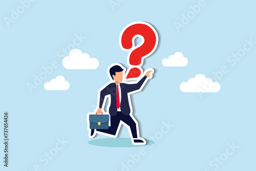 Ask business queries to seek answers, vocalize to garner support in resolving work issues concept, brave confident businessman speak out loud with speech bubble question mark symbol.