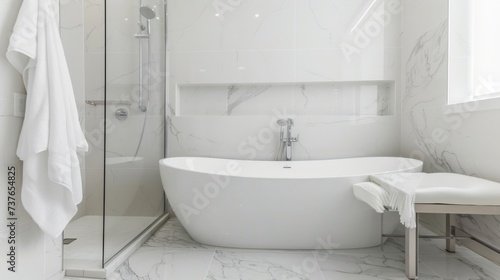 Luxury Minimalist Bathroom with Marble Shower Bench AI Generated.