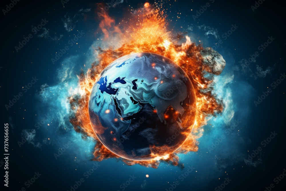 Burning Earth Amidst Dark Background - obrazy, fototapety, plakaty 