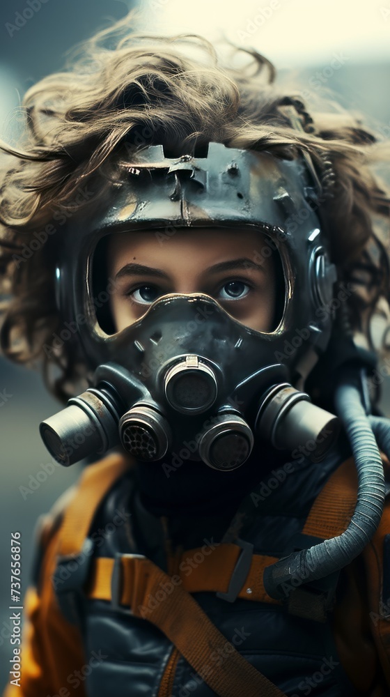 Woman Wearing Gas Mask and Yellow Jacket. Woman Wearing Gas Mask and Yellow Jacket.