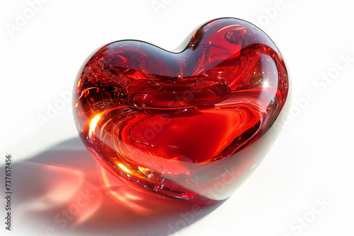 Glass red heart isolated on white background with shadow.
