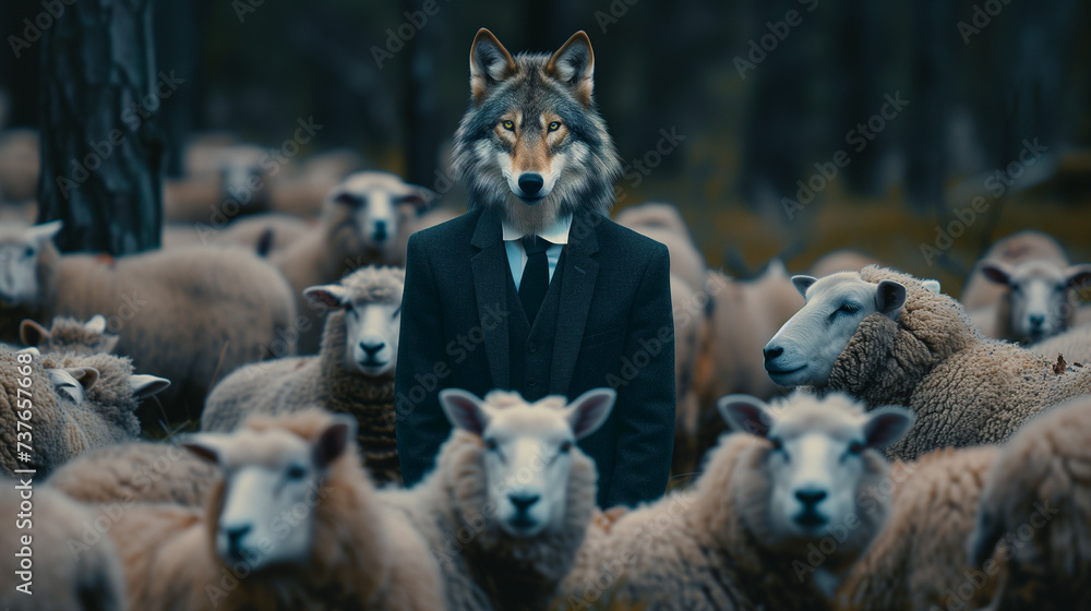 Fototapeta premium Wolf in suit standing in a heard of sheep