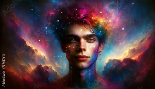 Stellar Fantasy Dreamscape. A vibrant portrait against a backdrop of a starry cosmos and nebulas.