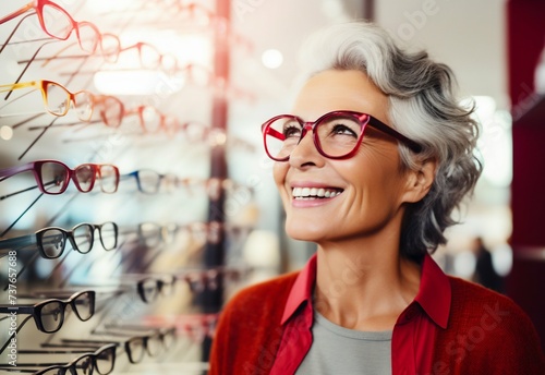 Senior Woman Trying on Glasses at Optician's Store. Generative ai