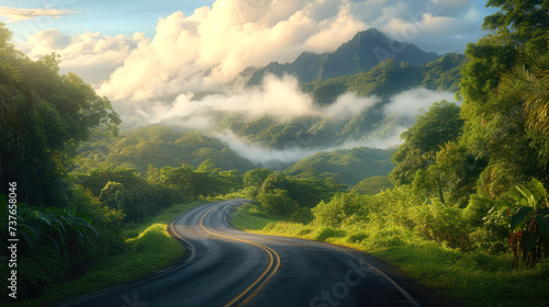 A landscapes panoramic view of two-lane road with green mountain, forest and clouds, travel, freedom, road dips and curves around the natural contours of terrain, travel magazines, inspirational blog