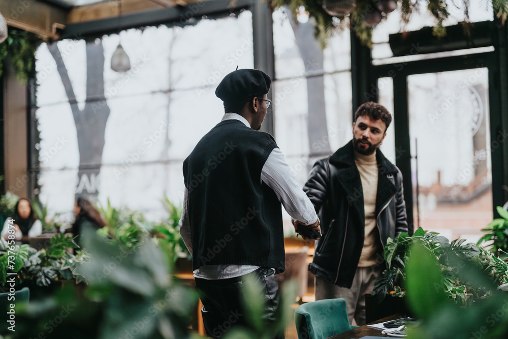 Casually dressed businessmen engage in a conversation at a well-lit modern cafe decorated with plants. A setting perfect for informal business or personal meetings. Casually dressed businessmen engage in a conversation at a well-lit modern cafe decorated with plants. A setting perfect for informal business or personal meetings.