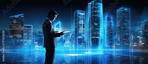 businessman holding tablet against transparency futuristic building background
