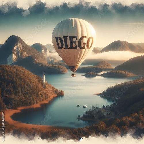 Texto name Diego watercolor of a off white hot air balloon.