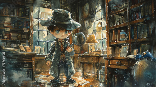 A chibi detective solving mysteries in an old, Victorian-style mansion