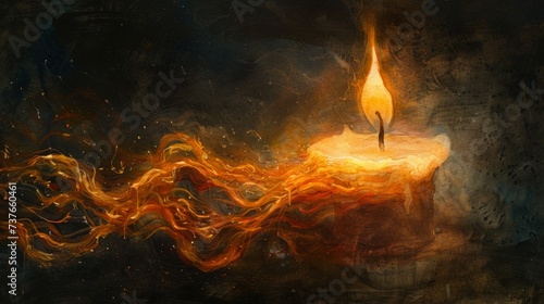 A close-up of a candles flame, the wax melting slowly, the intricate details of the flames core glowing against the darkness