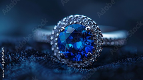 A close-up of a sparkling sapphire, its deep blue hues illuminated by a soft, focused light