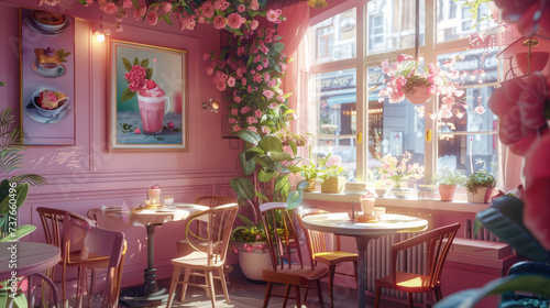 A cozy corner cafe with delicate floral decor  serving artisanal pastries and pink lattes  the perfect girly meetup spot bathed in gentle sunlight