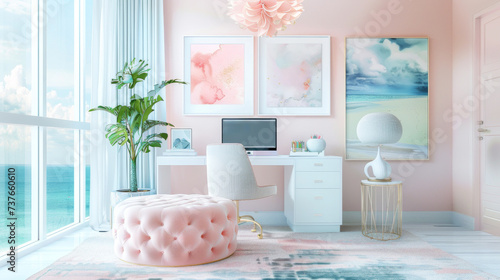A girly home office designed with minimalist chic furniture, pastel stationery, blending functionality with feminine flair