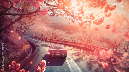 A sports car in the style of the 90s drives along a mountain road. Along the way there are cherry blossoms, sunny weather, Ariel view, warm backlight.