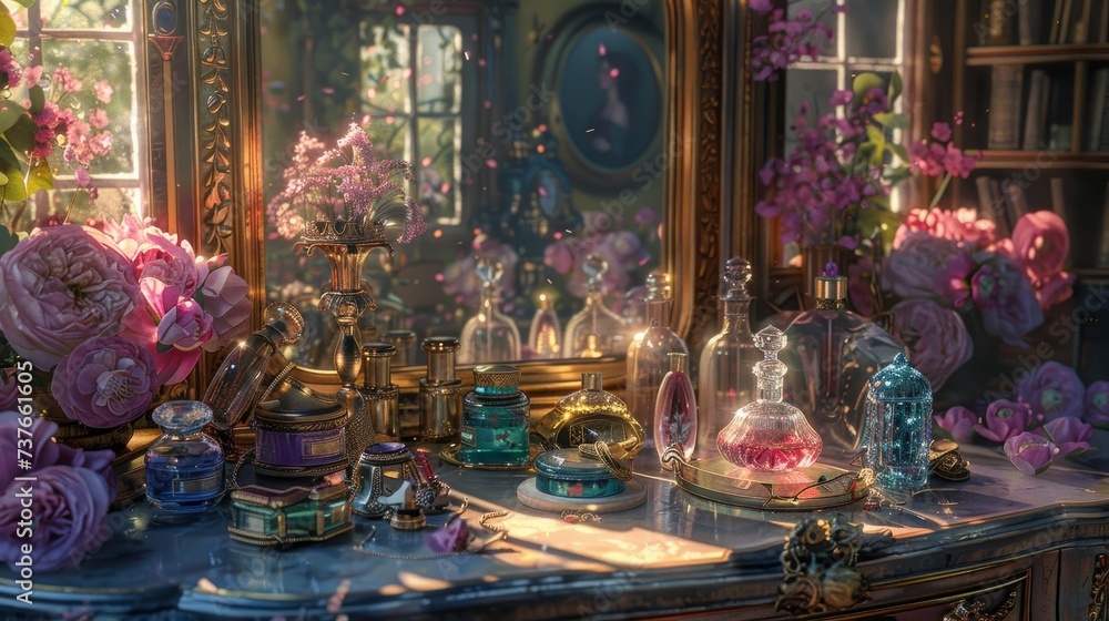 An enchanting vanity table cluttered with girly treasures, from sparkling perfumes to delicate jewelry