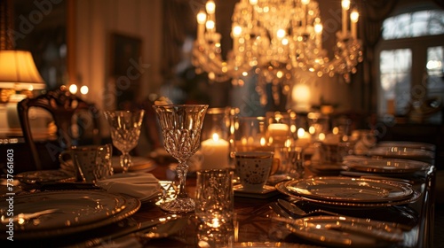 An elegant dining room set for a formal dinner, crystal chandeliers casting a warm glow over a table adorned with fine china and silverware photo