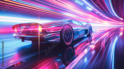 A sports car in the style of the 80s drives along a sports track. Background blur, double exposure, high speed. Pink and purple lights.
