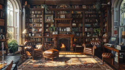An opulent library filled with antique books  a large fireplace  and comfortable leather chairs  the quintessence of elegance and tranquility  captured in the golden hour light