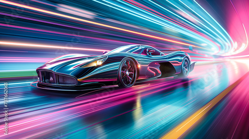 A sports car in the future style drives along a sports track. Background blur, double exposure, high speed. Pink and purple lights.  © INTHEBLVCK