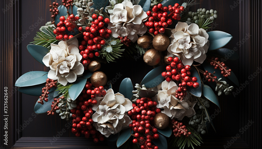 Winter celebration wreath of holly, rowanberry, and pine cone generated by AI