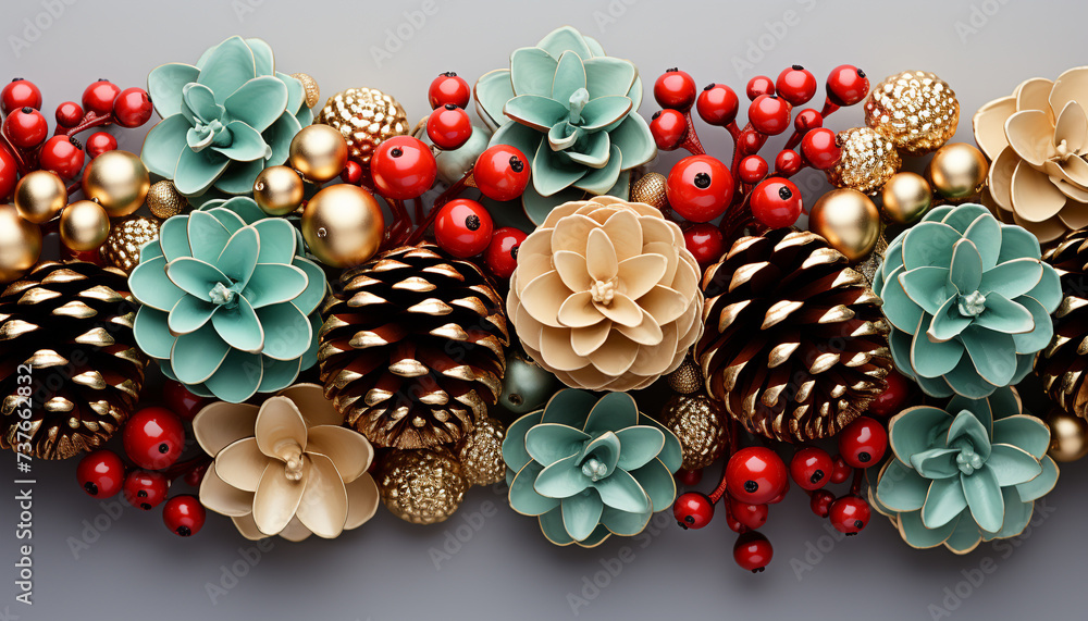 Winter nature background with Christmas ornament decoration, pine cone pattern generated by AI Winter nature background with Christmas ornament decoration, pine cone pattern generated by AI