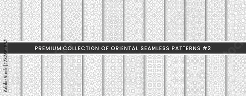 premium collection oriental seamless patterns set, geometric pattern with arabic and turkish style use for ramadan, umrah, hajj, eid islamic celebration background