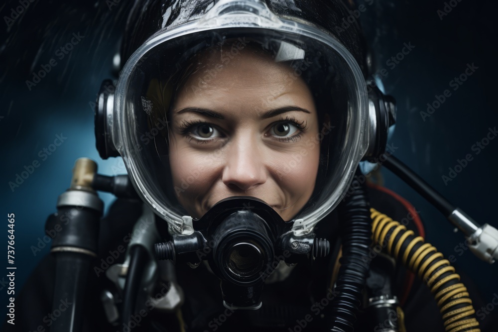 Ready for the Depths: A Portrait of a Woman Marine Biologist in Full Diving Gear Ready for the Depths: A Portrait of a Woman Marine Biologist in Full Diving Gear