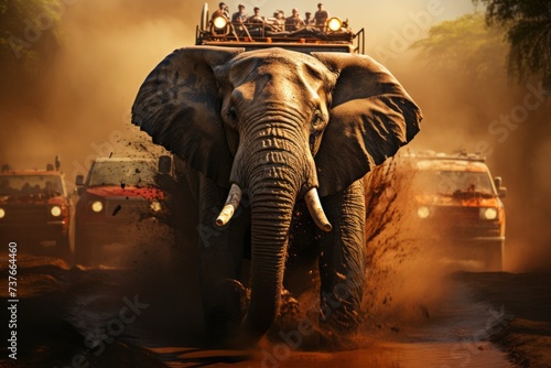 Elephant strolls beside cars on dirt road, blending into natural landscape