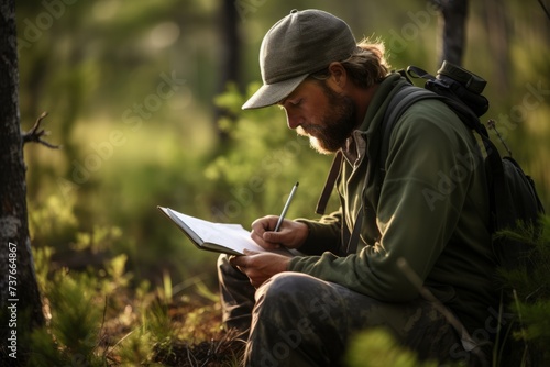 Bleisure at its Best: A Birdwatching Professional Capturing Observations in a Notepad, Surrounded by the Calm Wilderness