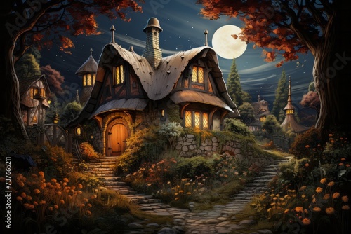 a fairy tale house in the middle of a forest at night with a full moon in the background