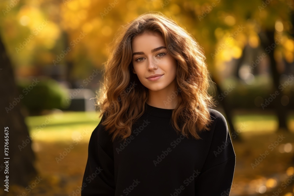 Fashion-forward woman in a black lightweight sweater taking in the serenity of a sunny fall day in the park Fashion-forward woman in a black lightweight sweater taking in the serenity of a sunny fall day in the park