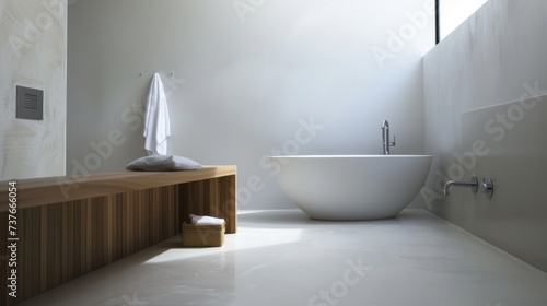 Serene Minimalist Bathroom with Freestanding Tub and Wooden Bench AI Generated.