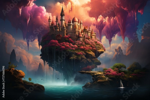 a castle is floating on top of a floating island in the sky © JackDong