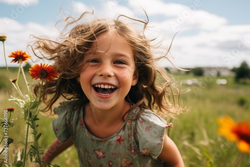The Radiant Smile of a Freckled, Pigtailed Girl Missing a Tooth: Capturing the Essence of Childhood in a Meadow