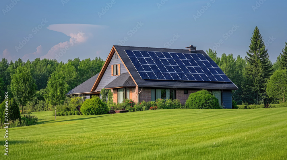 Solar Power on home or appearing on roofs, sustainable energy solutions, modern renewable energy, solar farm at the natural landscape, earth day, sun, green technology, environmental, eco