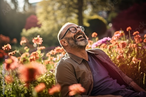 A jovial, middle-aged man with glasses, laughing amidst a lively park on a sunny day
