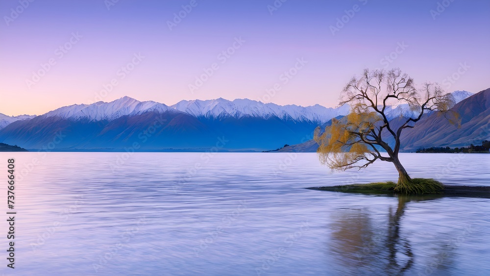 silhouette of lonely willow tree in lake and mountain with sunrise sky background.