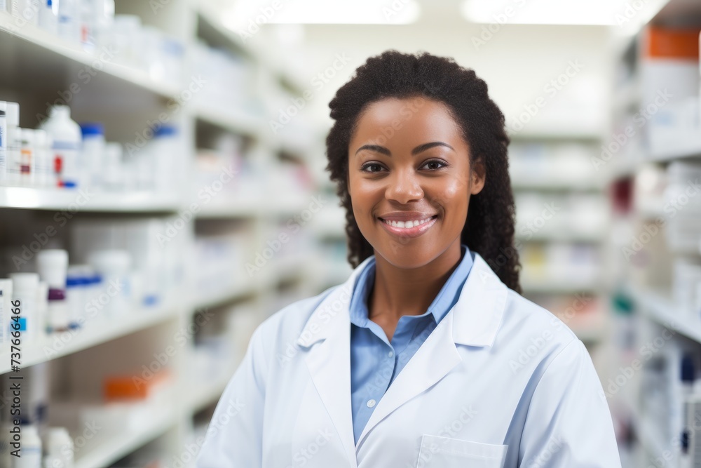 Portrait of a Confident Woman Pharmacist in Her Well-Stocked Pharmacy, Amidst Shelves of Medicinal Products