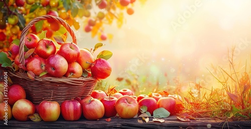 An Illustration of a Basket of Red Apples Rests on a Wooden Table in the Warm Glow of Autumn. Made with Generative AI Technology