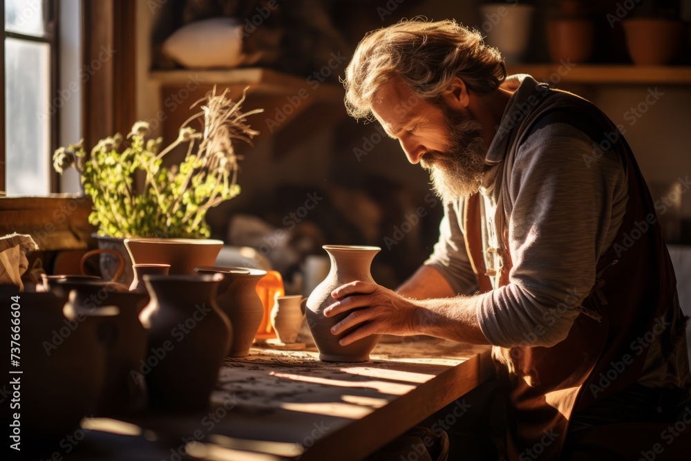 Potter in His Rustic Studio, Captured in a Moment of Observation Under the Warm Sunlight, with a Freshly Made Vase Awaiting to Dry Potter in His Rustic Studio, Captured in a Moment of Observation Under the Warm Sunlight, with a Freshly Made Vase Awaiting to Dry