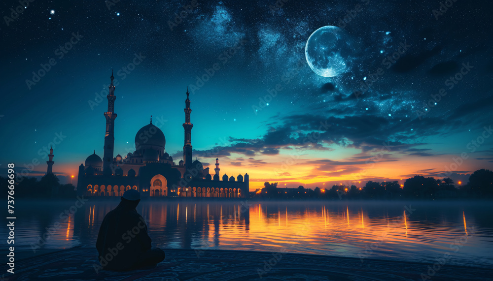Silhouette of a man praying at a mosque during a peaceful starry night with crescent moon, possible for Ramadan or Eid.