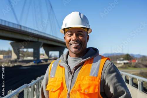 A portrait of a proud Civil Engineer, standing before a newly built bridge, holding the blueprints of his work © aicandy