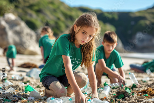 Young girl on a beach holding a plastic bag engaging in coastal cleanup with bag of collected waste, Love the Earth, environmental responsibility, education, ecological conservation, earth day