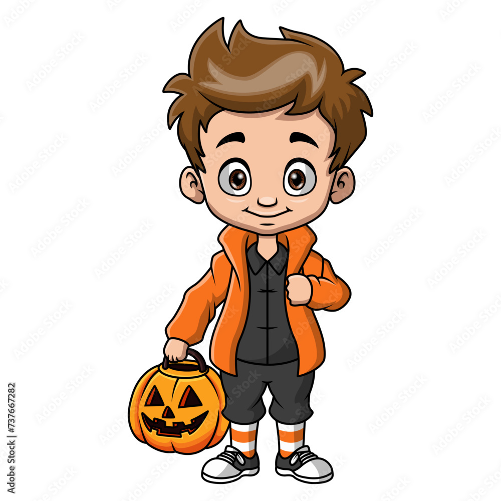 Cute little boy cartoon with pumpkin basket Cute little boy cartoon with pumpkin basket