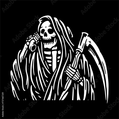 vector illustration artwork of grim reaper skull skeleton pick up the phone with scythe