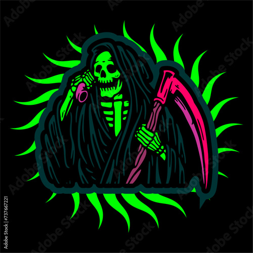 vector illustration artwork of grim reaper skull skeleton pick up the phone with scythe