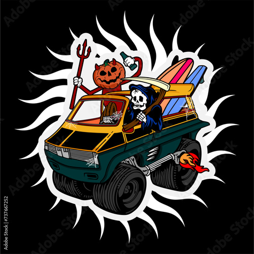 vector illustration artwork of grim reaper and pumpkin evil driving car van go to surfing