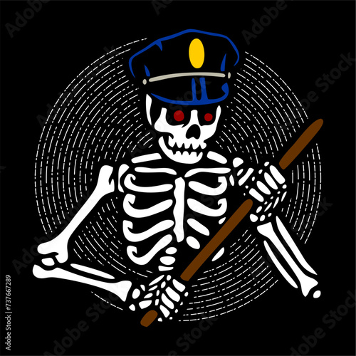 vector illustration artwork of skeleton police officer bring stick