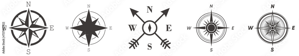 Compass flat icon with North, South, East and West indicated. Navigation vector illustration isolated on white. Arrows used in map Compass flat icon with North, South, East and West indicated. Navigation vector illustration isolated on white. Arrows used in map