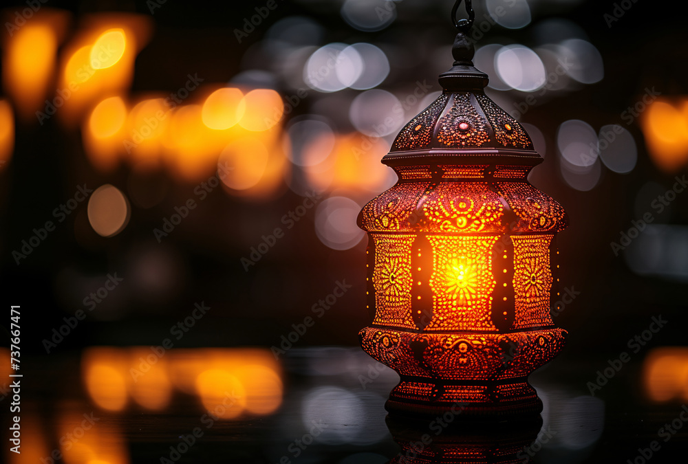 An ornate Arabic lantern glowing against a bokeh light background, evoking Ramadan and Eid celebrations. An ornate Arabic lantern glowing against a bokeh light background, evoking Ramadan and Eid celebrations.